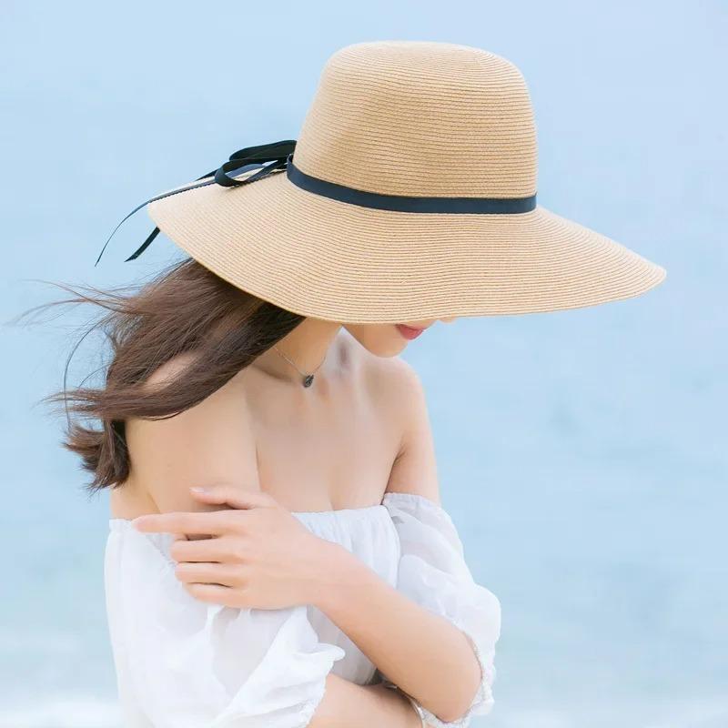 Шляпа для женщин, свежая летняя соломенная шляпа, защита от солнца, корейская версия, складная защитная пляжная шляпа с большими полями