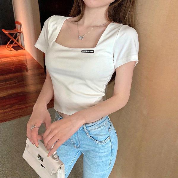 Футболка в стиле ретро с французским квадратным воротником и высокой талией, с открытым пупком, с коротким рукавом, женская облегающая летняя базовая рубашка