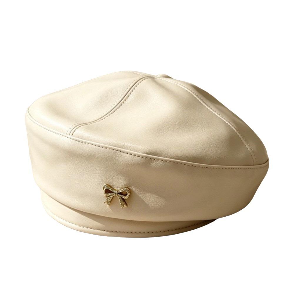 Bow Octagonal Hat British Style Painter Hat Fashion PU Leather Beret Streetwear