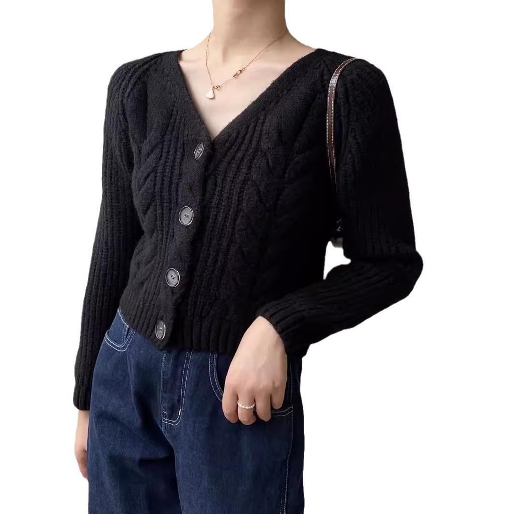Early Autumn Short Twist Design Jacket Women's Small V-neck Single-breasted Solid Color Knitted Long-sleeved Cardigan