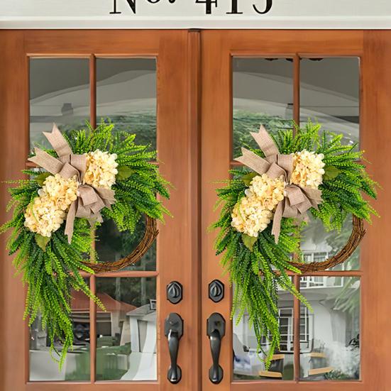 Artificial Hydrangea Wreath for Front Door 16 Inch Lifelike Floral Wreath with Burlap Bow for Door Wall Wedding Party Home Farmhouse Decoration