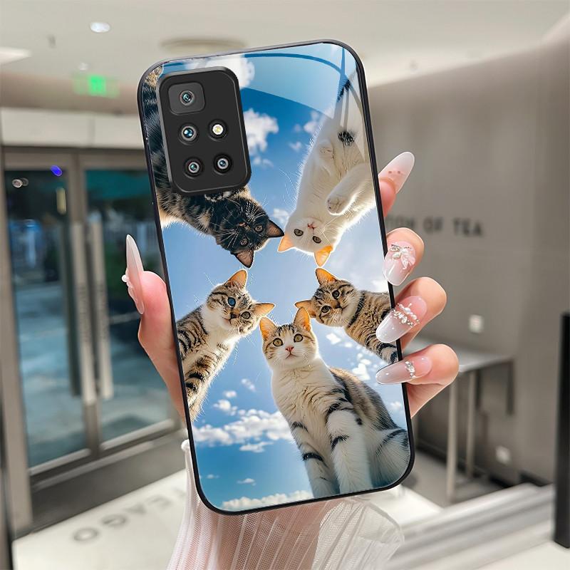 For Xiaomi Redmi 10 Prime 2022 Phone Case Tempered Glass Hard Shell flower Cute cats Coque For Redmi10 10Prime 2022 Back Cover