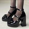 Fashion Punk Heart Buckle High Heels Pumps Women Spring Black Chunky Platform Lolita Shoes Woman Bowtie Thick Heel Gothic Shoes