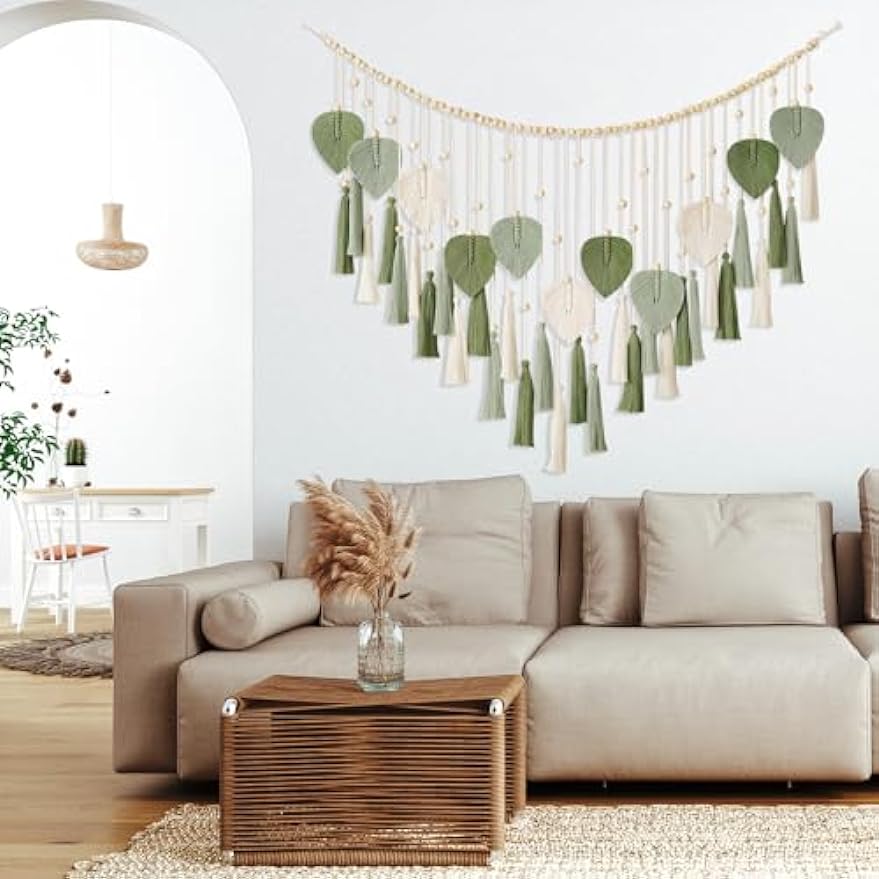 Urbun Macrame Wall Hanging Leaves- Large Chic Feather Boho Decor Wowen Art Leaf Tassels Tapestry Handmade Macrame Wall Decor for Bedroom,Living Room