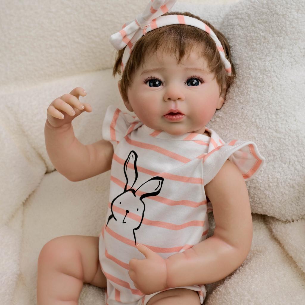 19inch Silicone Reborn Baby Doll With Striped Headband And Rabbit Print Clothing Decorationfor Collectors And Gift Givers