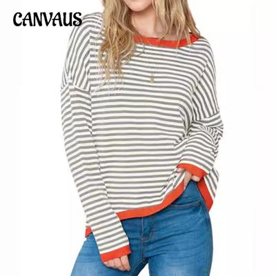 Осенний женский трикотаж больших размеров в полоску, цветной, с заниженной линией плеч, длинный рукав, пуловер