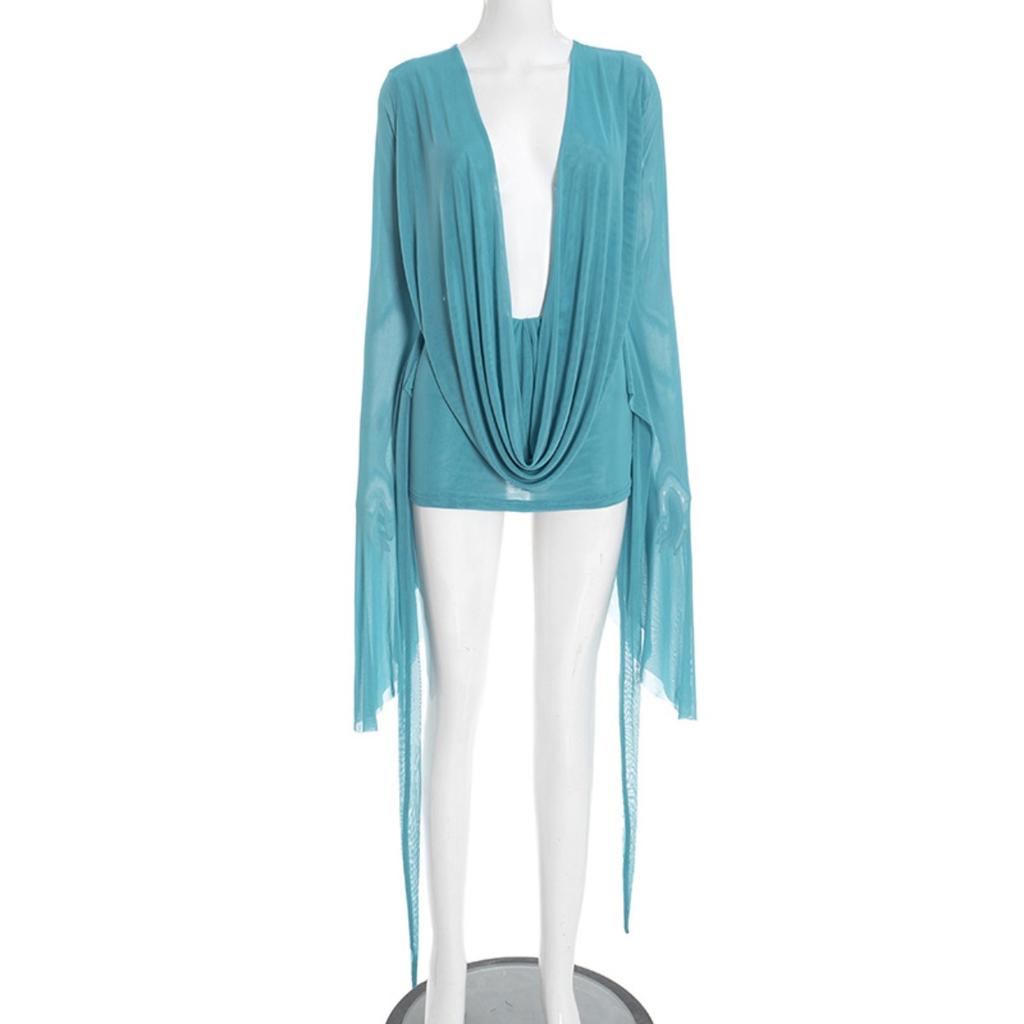 Новое женское сетчатое платье-трапеция с воротником-хомутом, открытой спиной и длинными рукавами, повседневное европейско-американское платье для вечеринки