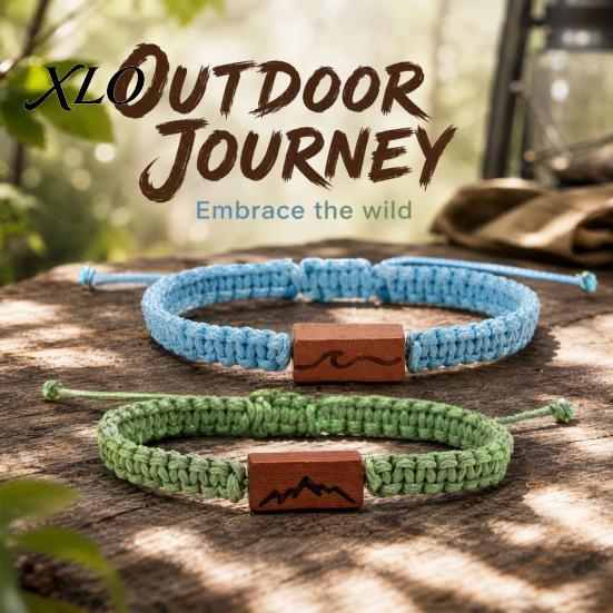 Adjustable Sliding Knot Wristband Rope Bracelet with Wooden Charm, Ocean Wave/Mountain for Couple Accessory Daily Commute Women Men, Handmade Braided