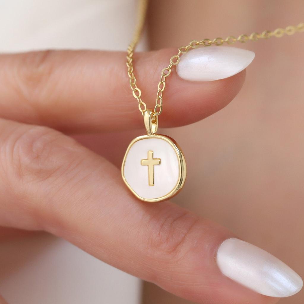 Fashion Gold Color Enamel Cross Pendant Necklace For Women, Tiny Cross Necklace, Religious Jewelry, Christmas Gift For Her