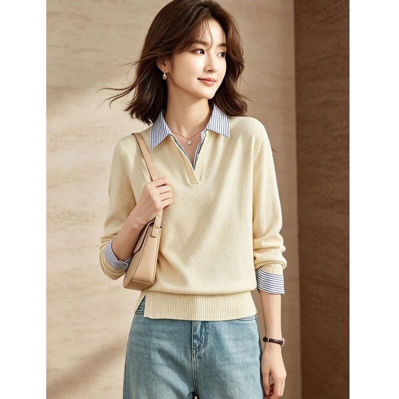 D.F.DEAR Women's Striped Collared Faux Two-Piece Long Sleeve Knit Sweater
