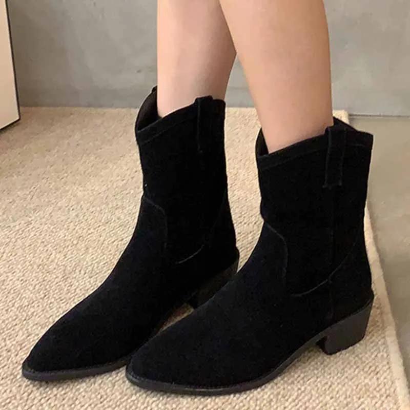 Женские ботильоны из массивной замши, элегантные туфли на среднем каблуке для ходьбы, женские туфли-лодочки 2024 года, зимние туфли-лодочки, дизайнерские повседневные готические туфли-лодочки