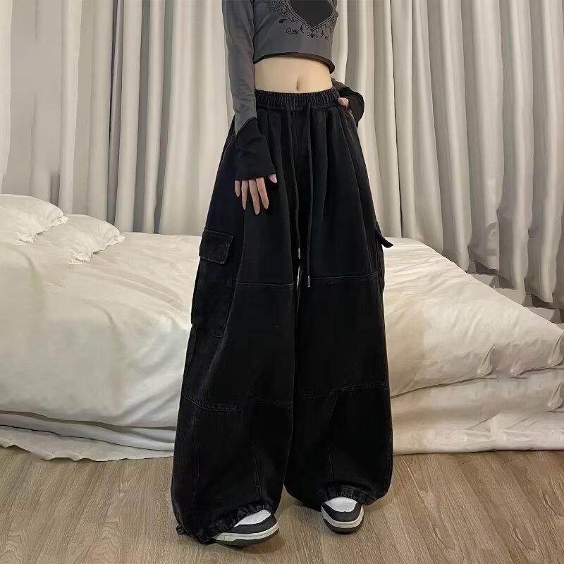 Retro High-Waisted Wide Leg Cargo Pants for Women - Street Dance Hip Hop Trousers, Straight Leg, Floor-Length