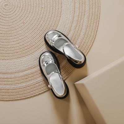 Серебристые туфли Мэри Джейн женские жемчужные на толстой подошве с открытым вырезом одинарные туфли женские в стиле маленького ароматного ветра с круглым носком на толстом каблуке туфли jk