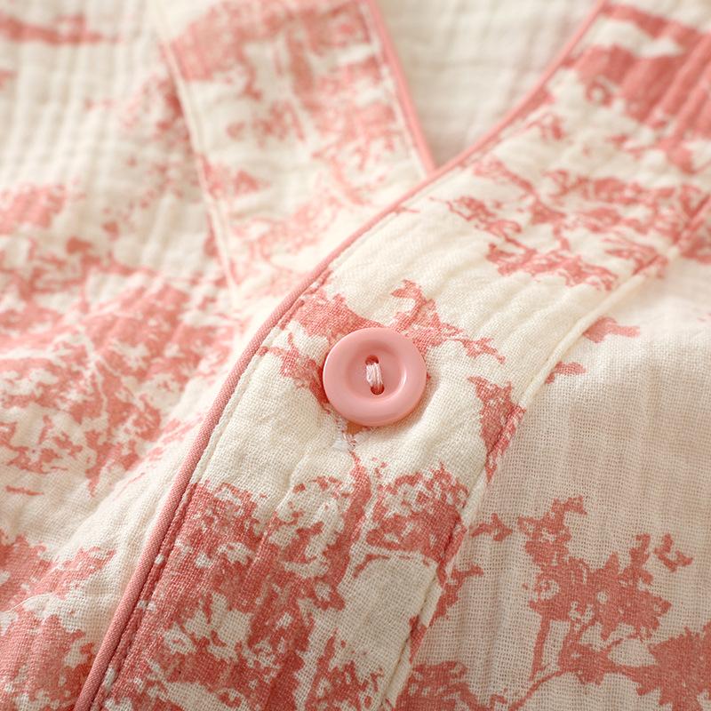 Весна/осень Пижама в китайском стиле для женщин Хлопковая марля Шнуровка Длинные рукава Брюки Элегантная Домашняя Одежда Кимоно Домашняя Одежда