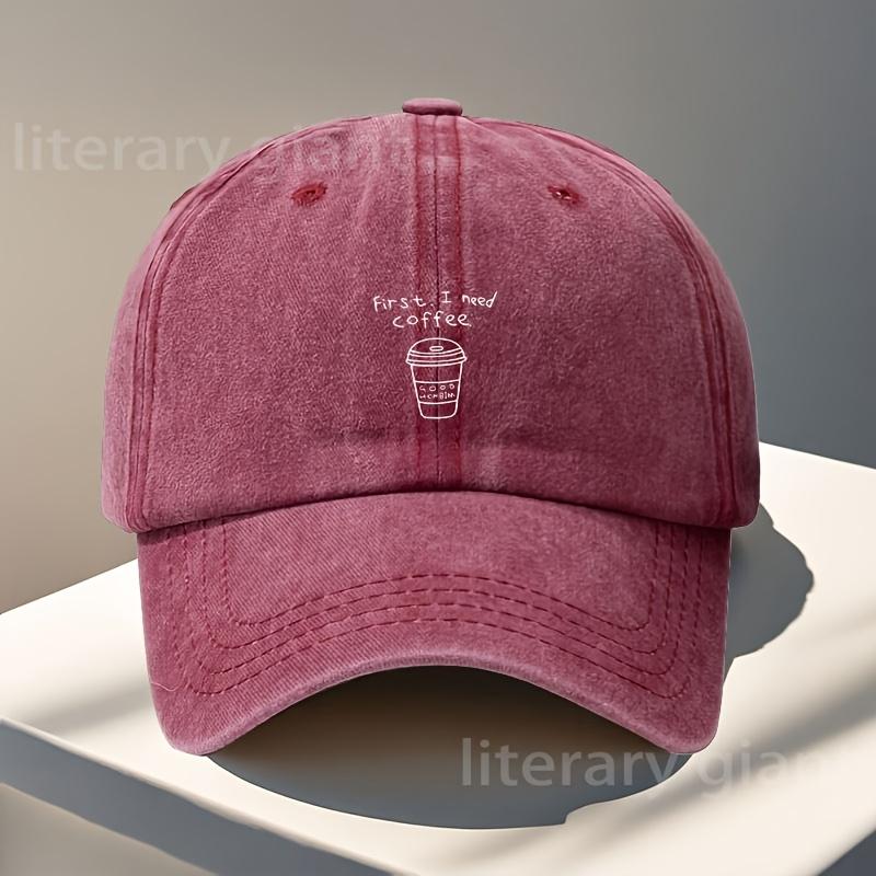 Womens Baseball Cap Minimalist Style Hat for Coffee Lovers Featuring a First I Need Coffee Printed Design Machinewashabl