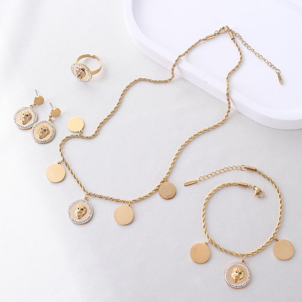 Trendy Hip-Hop Personality Round Lion Head Accessories Diamond Necklace Jewelry Women Set Joyera De Acero Inoxidable