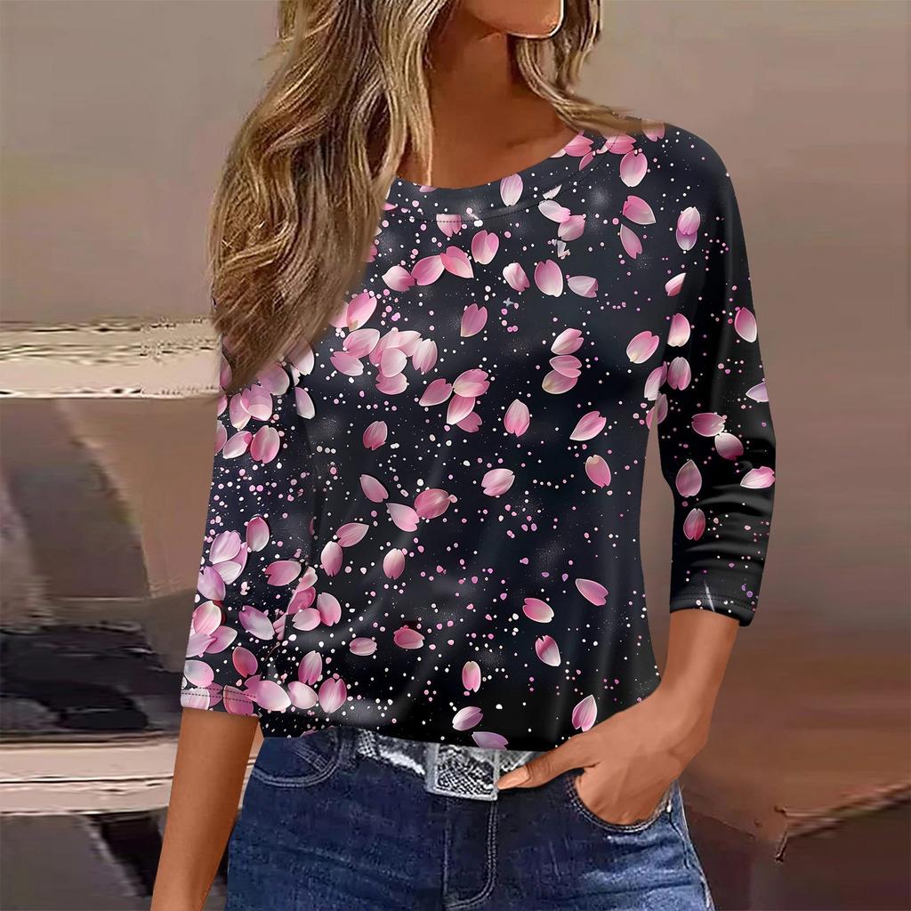 Женская футболка с принтом, рукав 3/4, повседневная, модная, на выходные, базовая, с круглым вырезом, стандартный топ