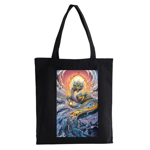 Холщовая сумка с принтом дракона, сумка-шопер, Harajuku, большая вместительная женская сумка в стиле панк, в готическом стиле, классическая винтажная сумка через плечо Bolsas