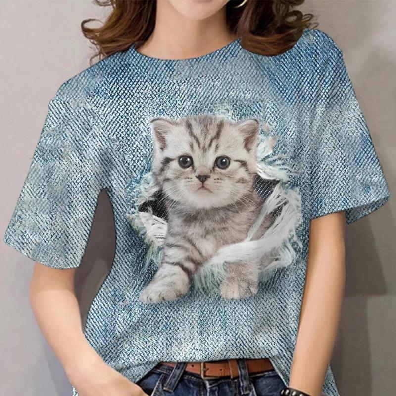 Летний топ с круглым вырезом и принтом 3D Cat, модные повседневные женские футболки с короткими рукавами
