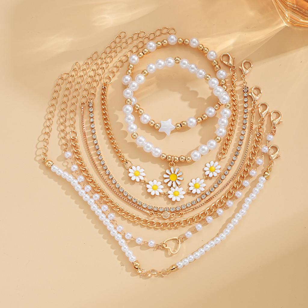 iF ME 4Pcs/set Vintage Flower Heart Bead Bracelet Set Zircon Gold Chain Bracelets for Women Jewelry Accessories