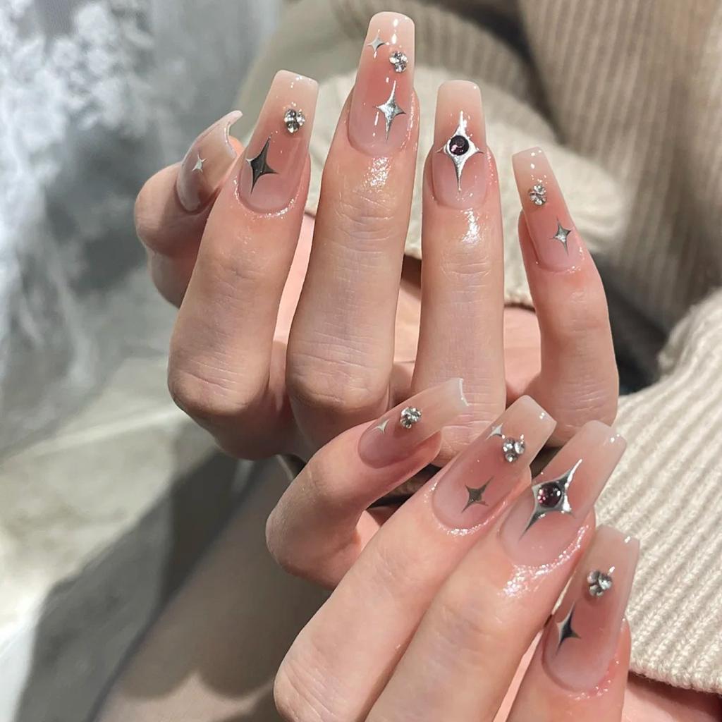Blusher Pink Style Press-on Nail Glossy Light Pink Star Print Aritificial Nail for Women Shopping and Dating