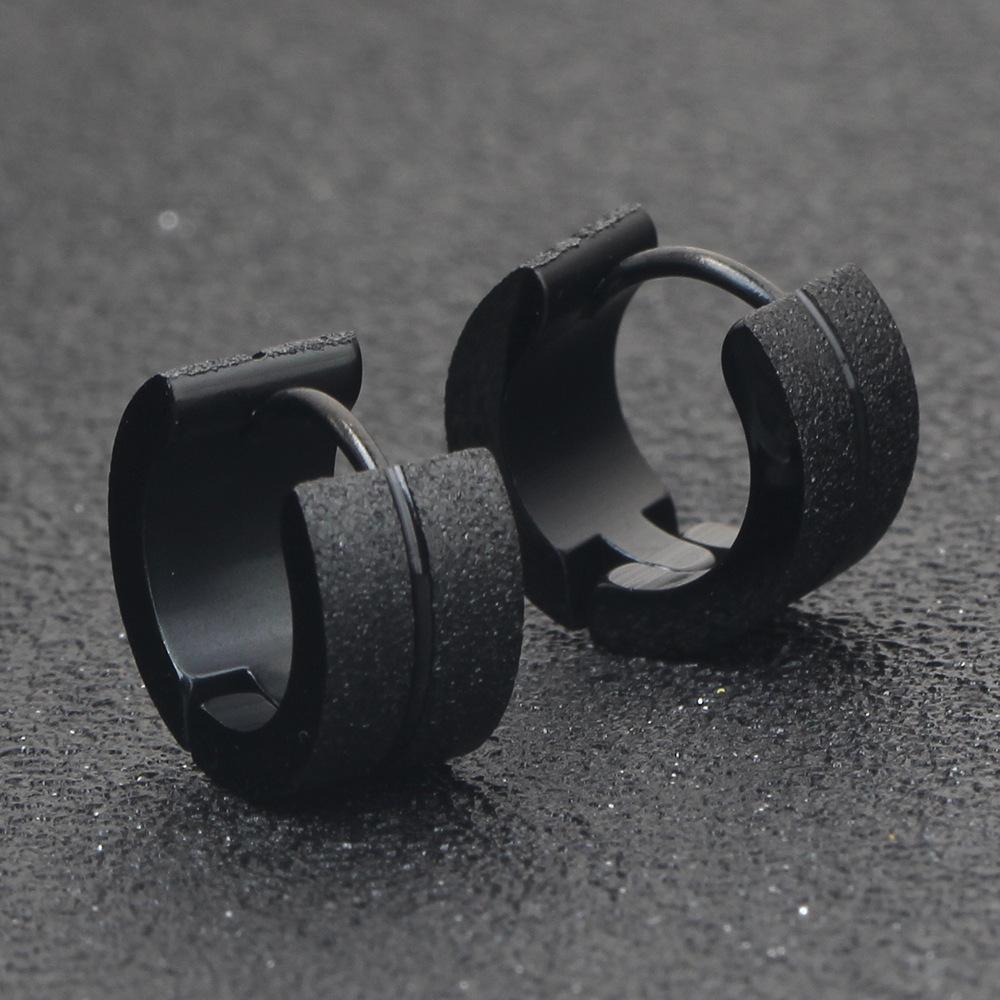 European & American 4MM Black Double Row Frosted Titanium Steel Hoop Earrings