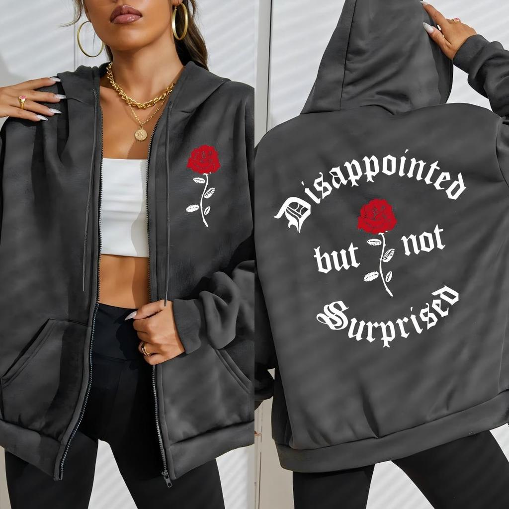 Disappointed But Not Surprised Rose Flower Print Zipper Hoodie Woman All-Match Hoody Autumn Pocket Clothes Loose Fleece Top