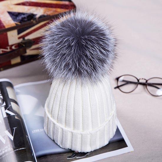 Detachable Faux Mink Silver Fox Fur Ball Cap Pom Poms Winter Hat for Women Girl 's Hat Knitted Beanies Cap