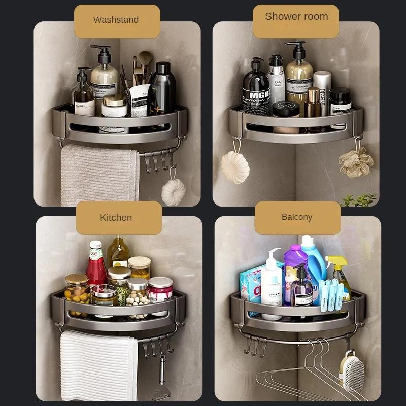 Bathroom, Space Aluminum Storage Rack, Non Perforated Bathroom Wall Hanging Corner Storage Rack, Gun Gray Triangular Basket