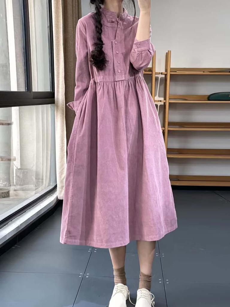 Весна 2025 года, новое литературное и ретро-китайское платье с воротником-стойкой, свободное, повседневное, темпераментное, универсальное, вельветовое платье