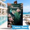 Custom Name Beach Towel Peacock Flowers Romance Microfiber Beach Towel, Lightweight for Summer Travel, Swimming Pool Fan Birthday Gift