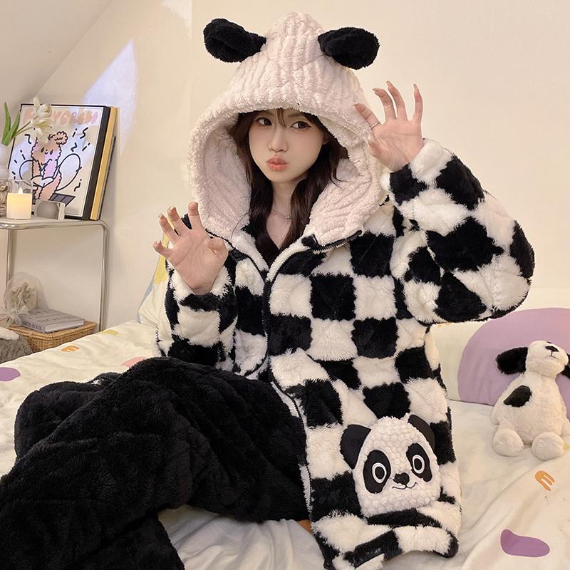 Panda Cartoon Cute Pajamas Winter Women's Flannel Warm Pajamas Large Size Pajamas Pajamas Women's Coral Velvet Home Clothes