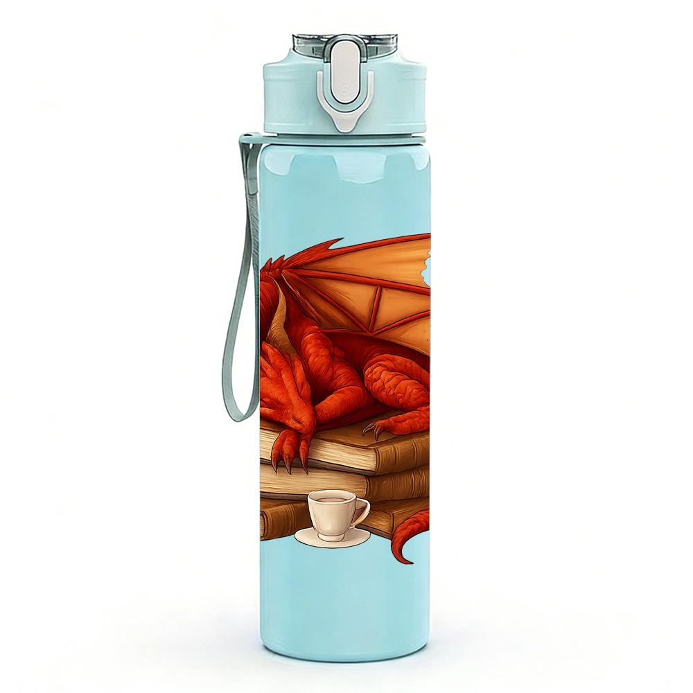 1PC Book Stack Red Dragon Illustration 750ml Color Plastic Sports Water Bottle Leakproof Flip Straw Lid Suitable for Sports Office Home Use