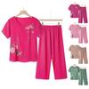 2 Pcs/Set Women T-shirt Pants Set Homewear Outfit Solid Color Floral Print Round Neck Short Sleeve Top Wide Leg Elastic Waist Loose Pants Pajamas