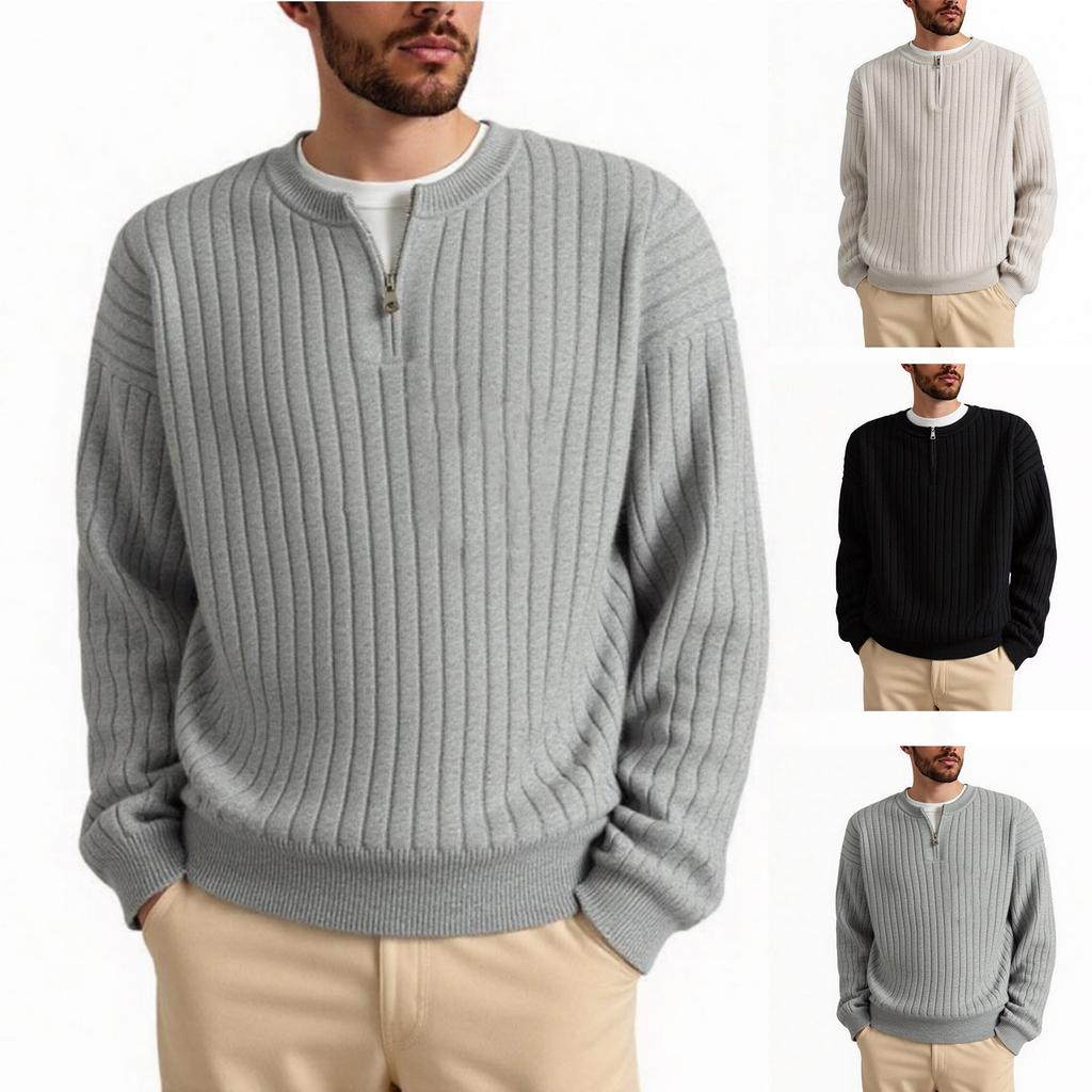 Men's Casual Solid Color Semi-zipper Round-neck Sweater, Men's Loose Line Texture Pullover Knitted Sweater