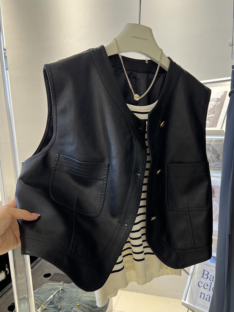 Женский мотоциклетный жилет из искусственной кожи - Короткий жилет без рукавов, 2025 Осень Корейский стиль верхняя одежда