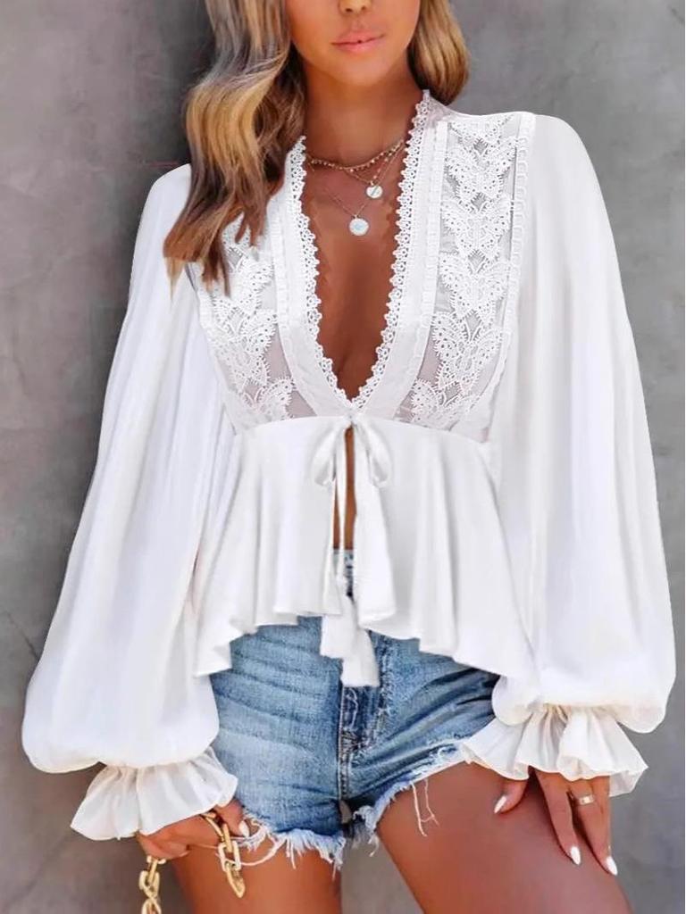 Топ с длинным рукавом и V-образным вырезом, кружевом и бантом для осеннего сезона 2024 года для европейского и американского рынков
