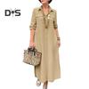 Women Dress Turn Down Collar Loose Solid Color Long Sleeve Single Breasted A Line Chest Pocket Soft Breathable Ankle Length Spring Fall Maxi Dress