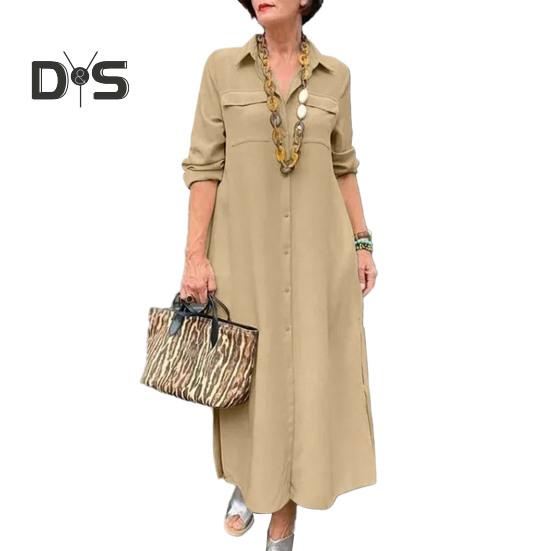Collar Dress Women Turn Down Loose Solid Color Long Sleeve Single Breasted A Line Chest Pocket Soft Breathable Ankle Length Spring Fall Maxi Dress