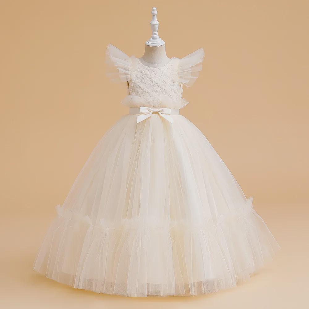 Детское сетчатое пышное свадебное и праздничное длинное платье в европейском и американском стиле с рукавами-крылышками