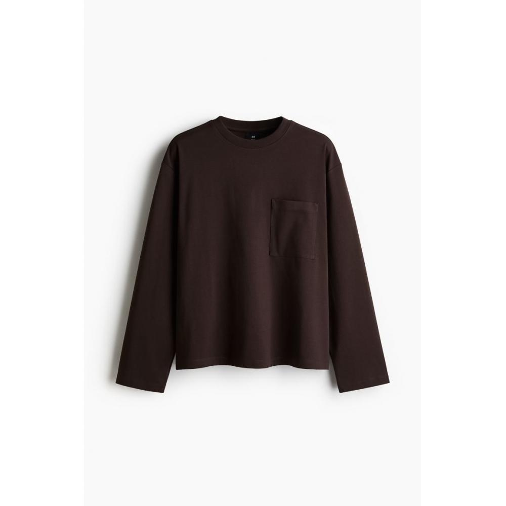 H M Long Sleeve Jersey Top Loose Fit Dark Brown