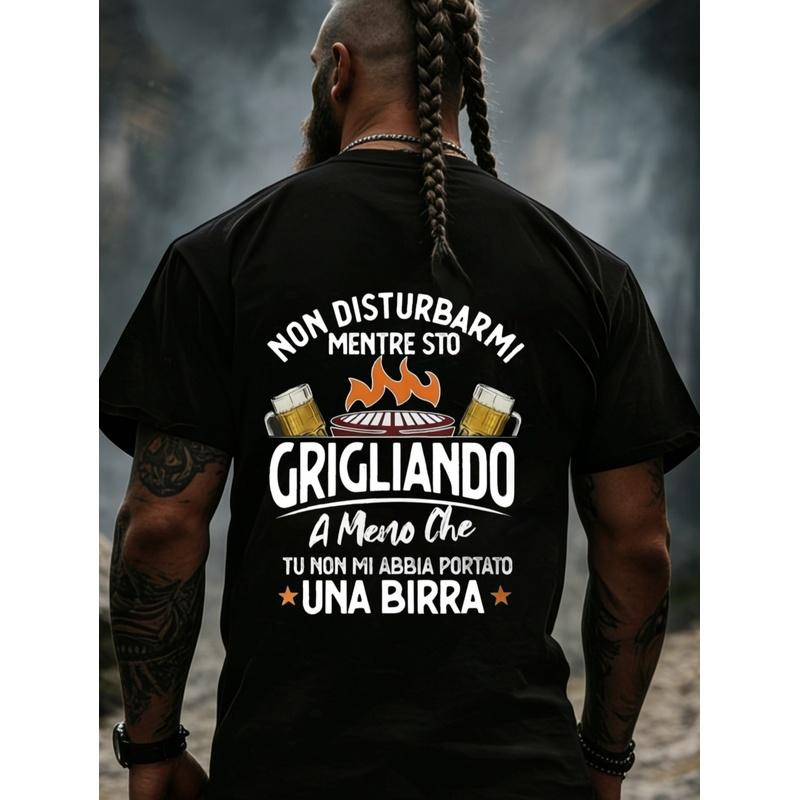 Black T Shirt with Grill And Beer Graphic And Italian Text for Outdoor Cooking And Barbecue Events, PLUS SIZE