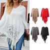 Women Autumn Cape Knitting Tassel Hollow Out Bohemian Solid Color Loose V Neck Irregular Plus Size Hem Shawl Fall Poncho