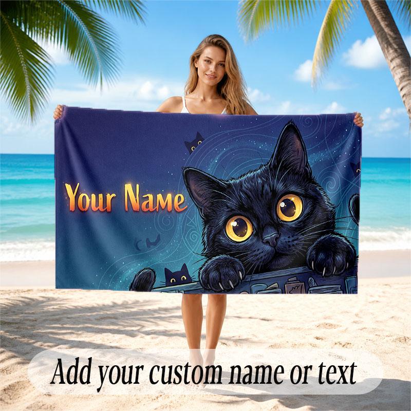 Cat Theme Soft Beach Towel Personalized Custom Name Text Towel Portable for Beach Pool Travel