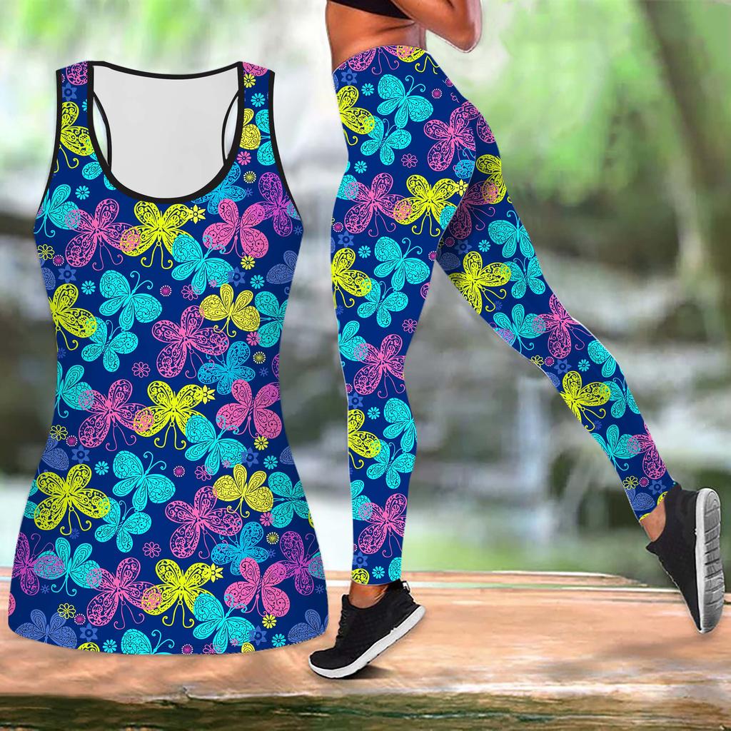 Розовый принт бабочки йога костюм для женщин модные леггинсы для тренировок фитнес спортивный повседневный комплект для йоги спортивный костюм