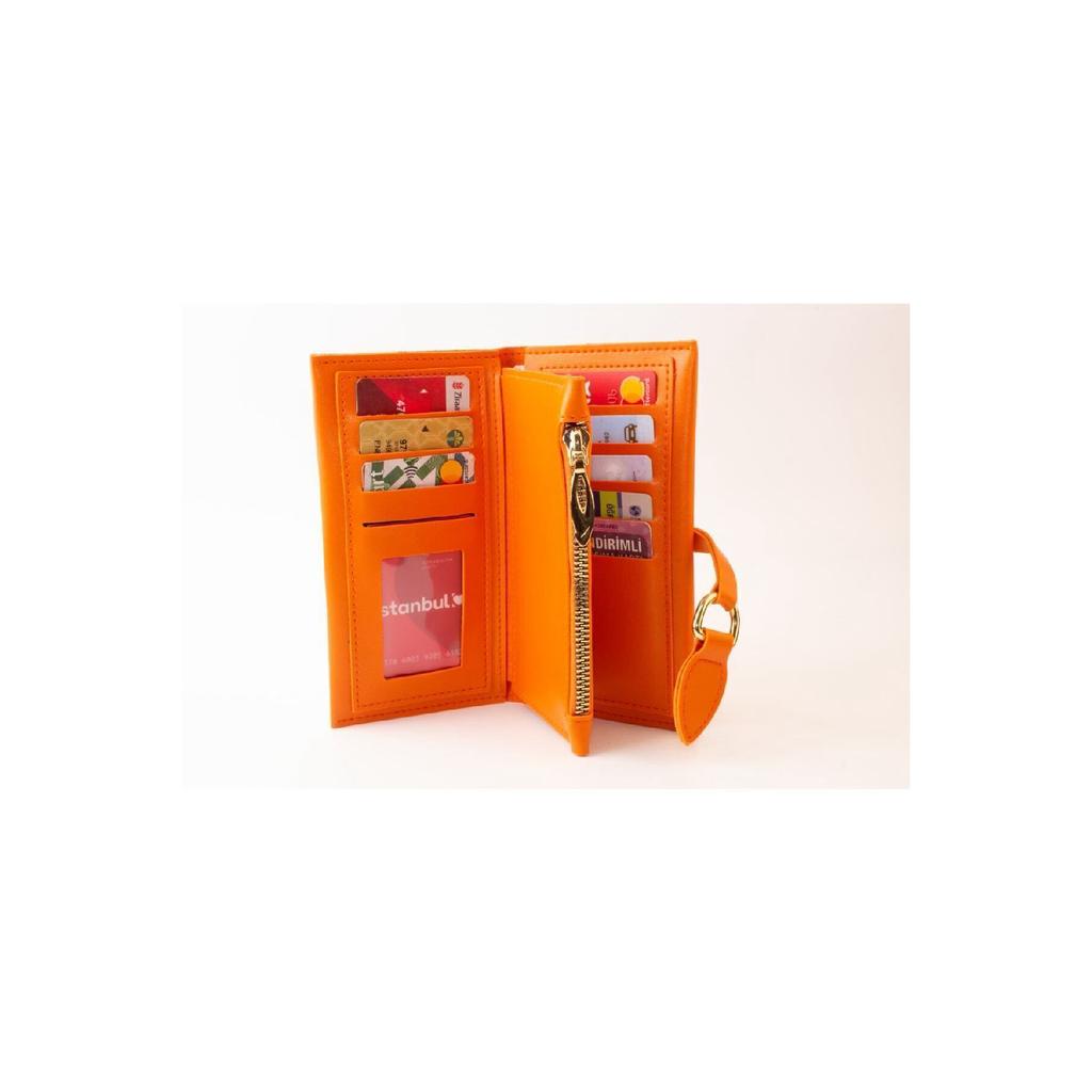 Soft Leather Orange Women's Wallet Accessory With Snap Fasteners, Multi-compartments, Zipper In The Middle And Phone Holder