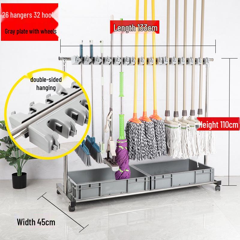 Stainless Steel Floor-standing Mop and Broom Rack with Balcony Storage