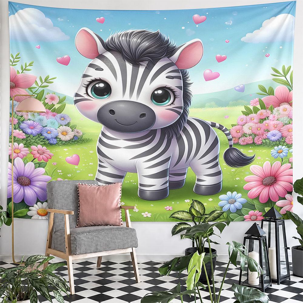 Cute Baby Zebra in Flower Meadow Pattern Wall Hanging Tapestry Decorative Tapestry Home Decor for Bedroom and Living Room