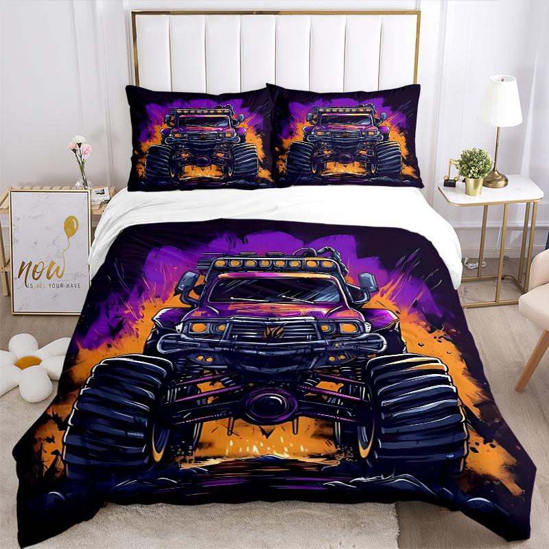 3pcs Monster Truck Comforter Set with One Quilt Cover and Two Pillowcases (No Core) - Anime Cartoon Design, Polyester Fabric, Perfect for Bedroom and