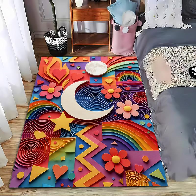 Colorful Moon and Rainbow Carpet with Hearts and Stars Pattern Suitable for use as an anti-slip for living room bedroom sofas